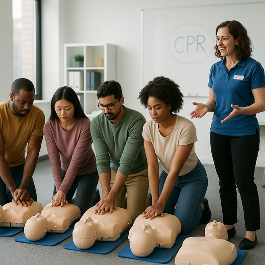 A visually engaging scene depicting a CPR training class with diverse participants practicing life-saving techniques on mannequins, featuring a certified instructor guiding them, in a well-lit and modern classroom environment.