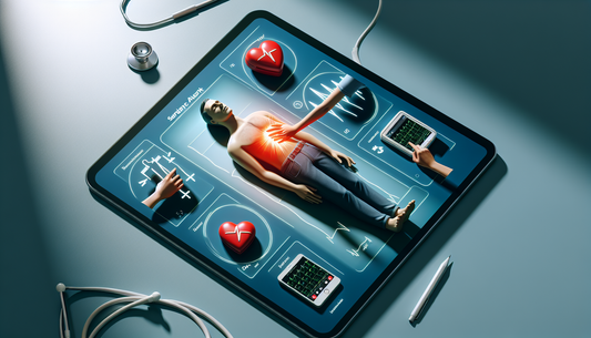 A dramatic scene depicting a person performing CPR on a patient who has collapsed, with an AED in the foreground, showcasing urgency and life-saving action, set in a public place like a park or community area.